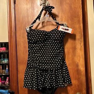 Black and White Polka Dot One-Piece Swimsuit with Skirted Bottom